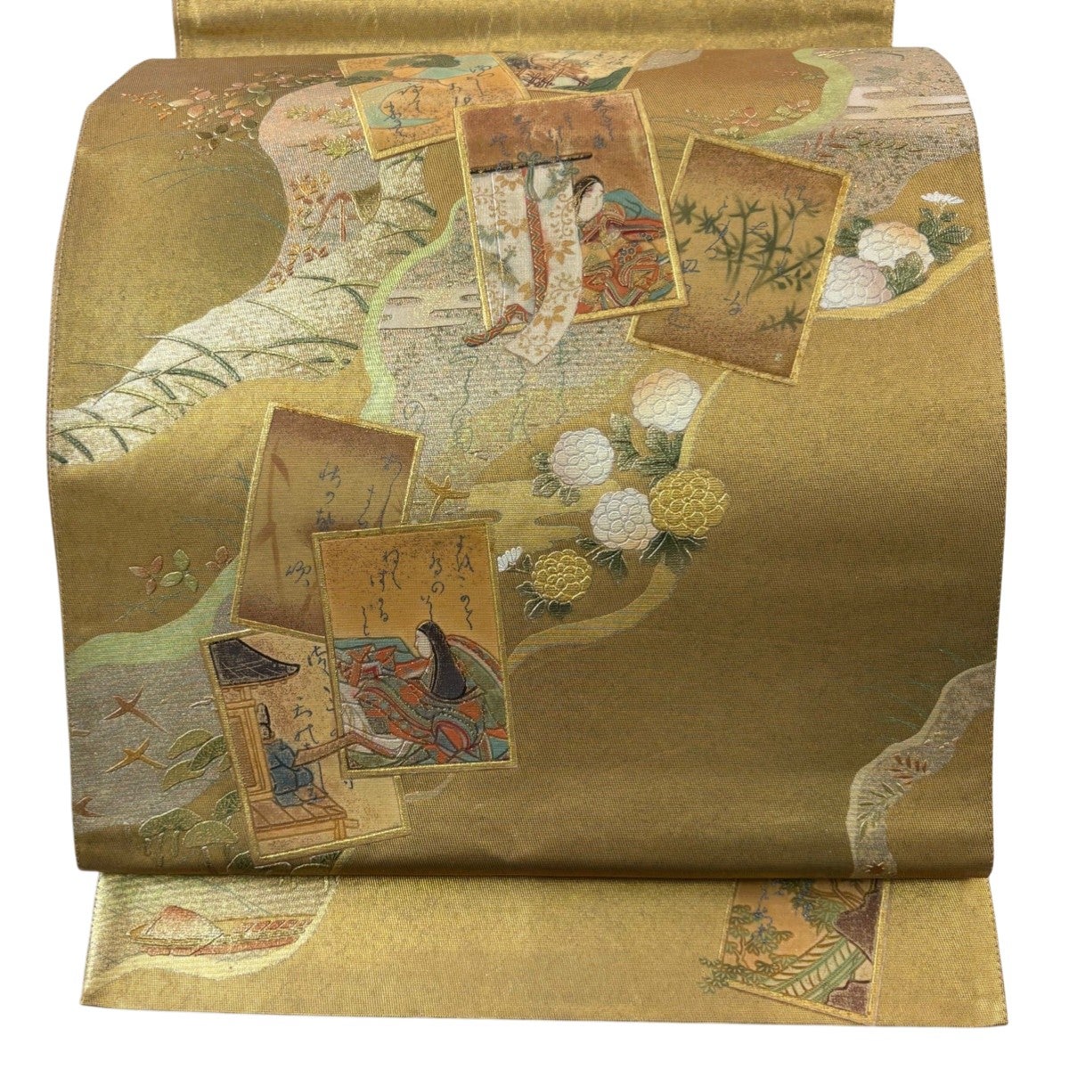 袋帯 秀品 童 花 螺鈿 箔 金色 お太鼓柄 正絹｜中古・古着・リサイクル