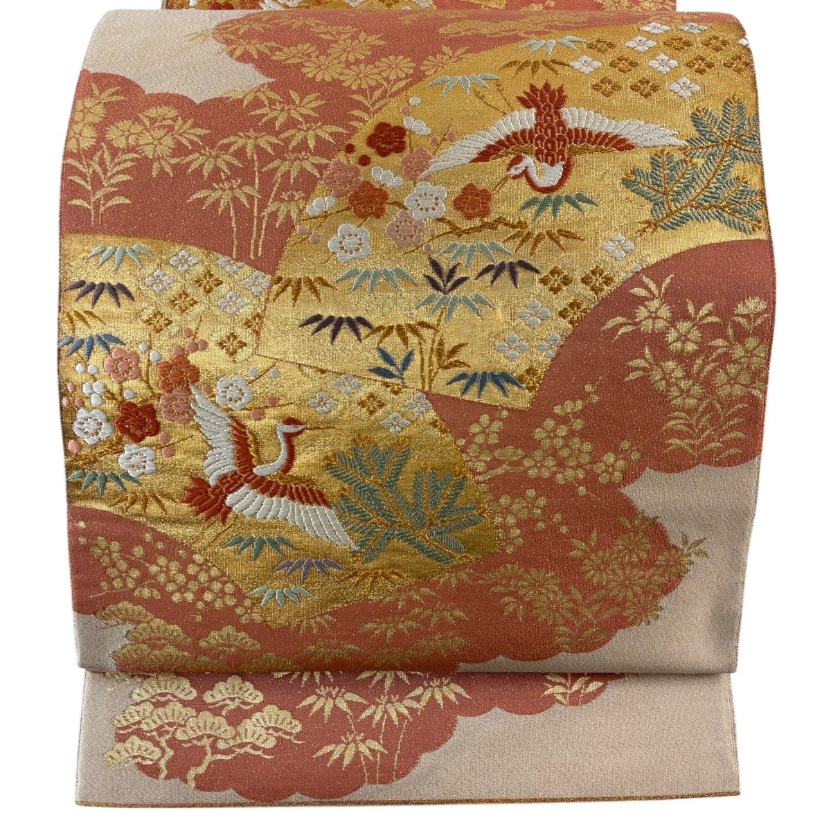美品】 袋帯 秀品 関西仕立て 松竹梅 鶴 金糸 刺繍 サーモンピンク 六