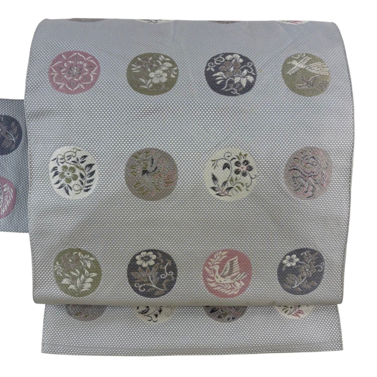 名古屋帯 秀品 八寸名古屋帯 関西仕立て 丸文 草花 青灰色 正絹｜中古