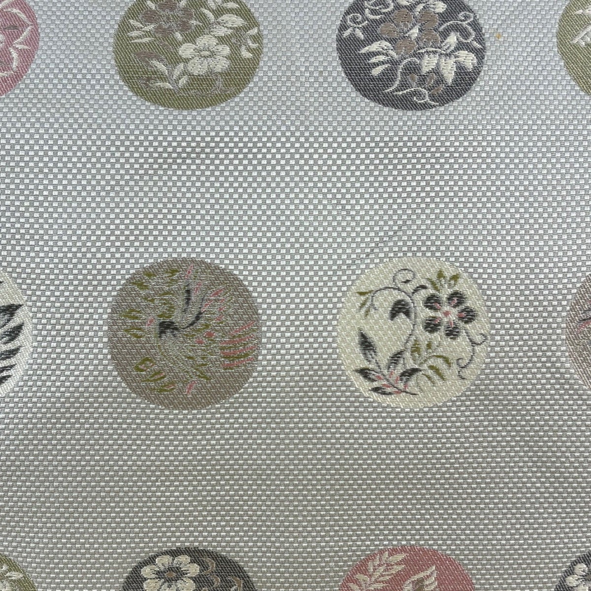 名古屋帯 秀品 八寸名古屋帯 関西仕立て 丸文 草花 青灰色 正絹｜中古