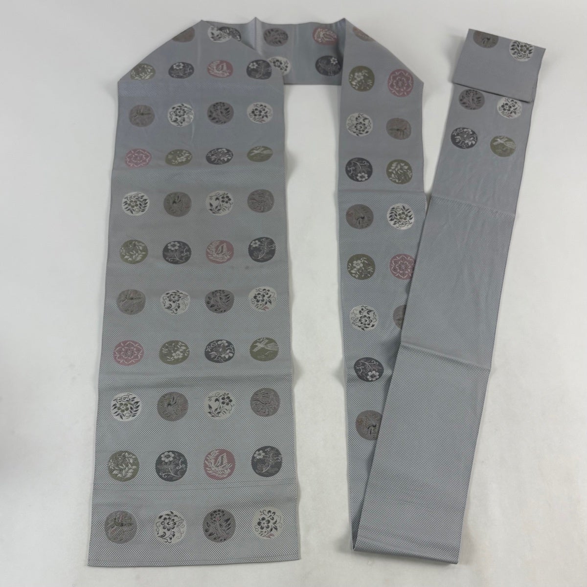 転売可　綺麗目 帯 丸帯 名古屋帯 約8品 USED品　着物 名古屋帯 秀品 八寸名古屋帯 関西仕立て 丸文 草花 青灰色 正絹｜中古