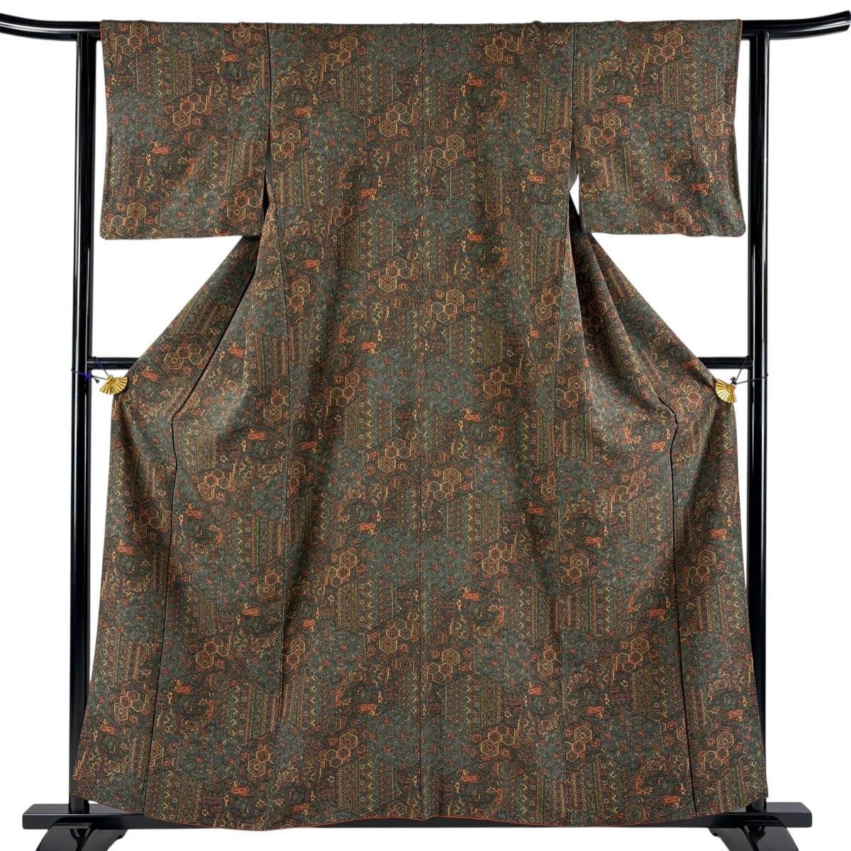 美品】 小紋 身丈155cm 裄丈62cm S 袷 やまと 草花 地紋 薄緑 正絹