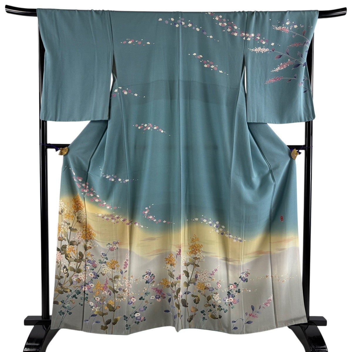 美品】長襦袢 身丈117.5cm 裄丈67.5cm L 地紋 山並み ぼかし 鶯色 正絹