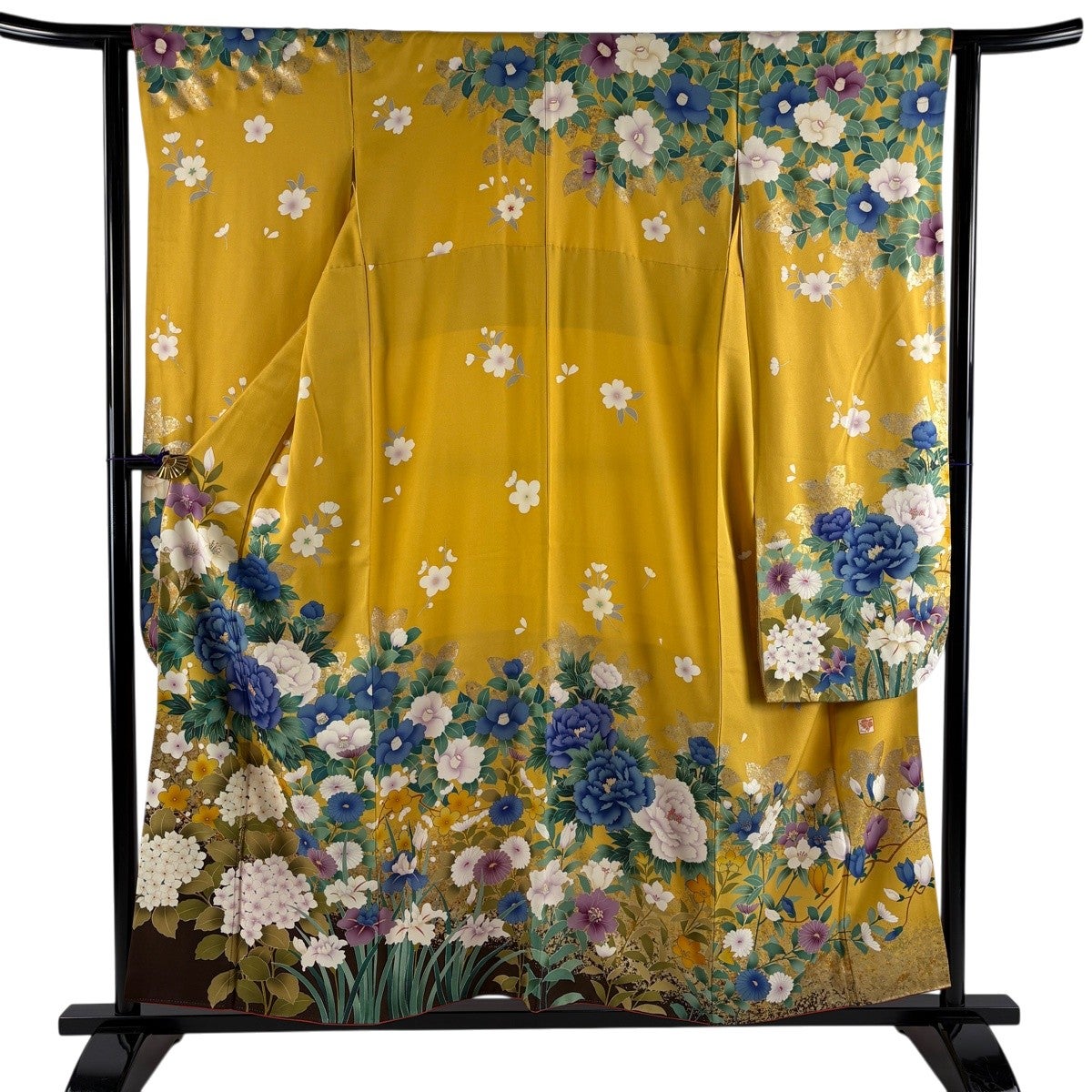振袖 身丈157cm 裄丈62cm S 袷 牡丹 紫陽花 金彩 からし色 正絹 秀品