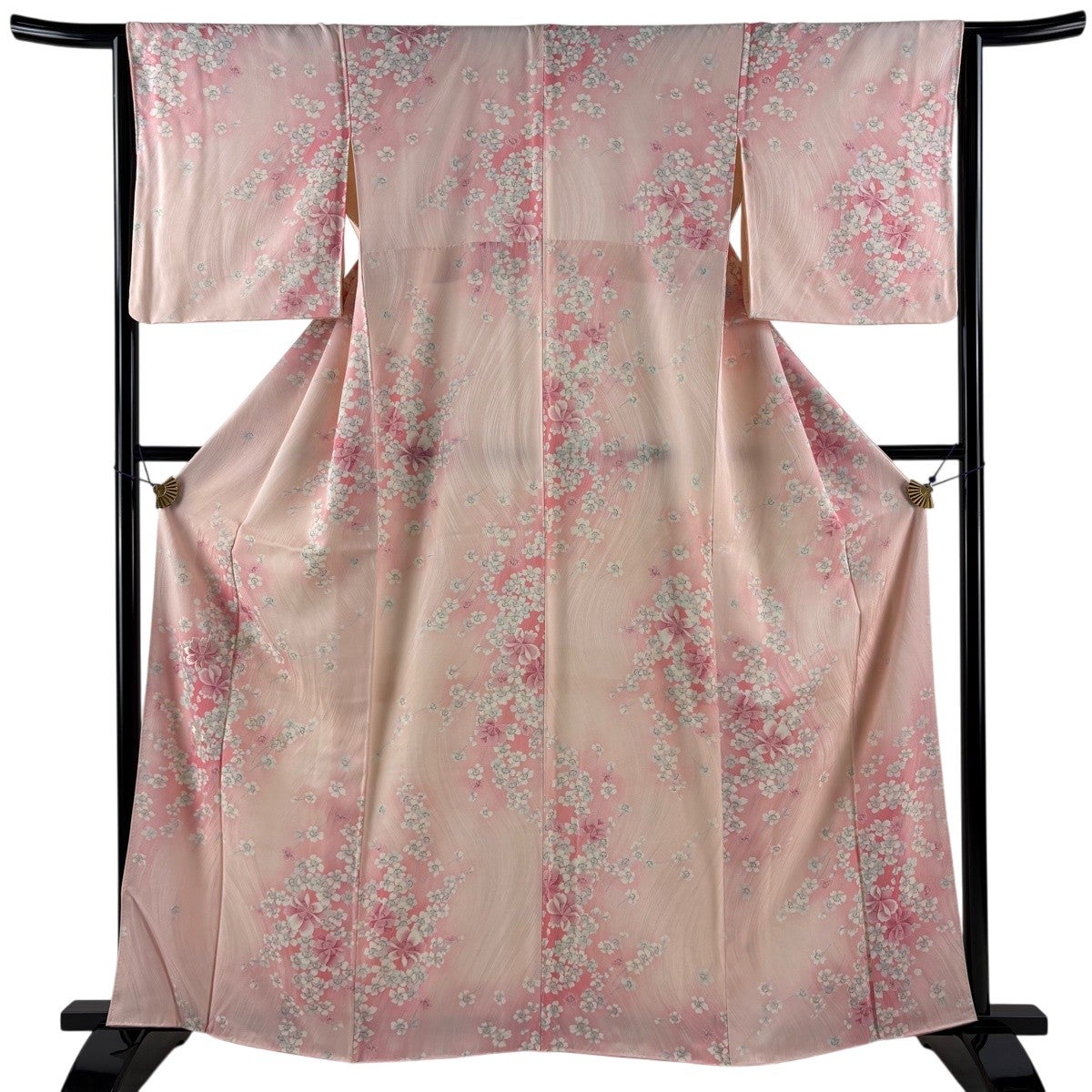 美品】 小紋 身丈168cm 裄丈68cm L 袷 枝垂れ桜 シルエット ピンク