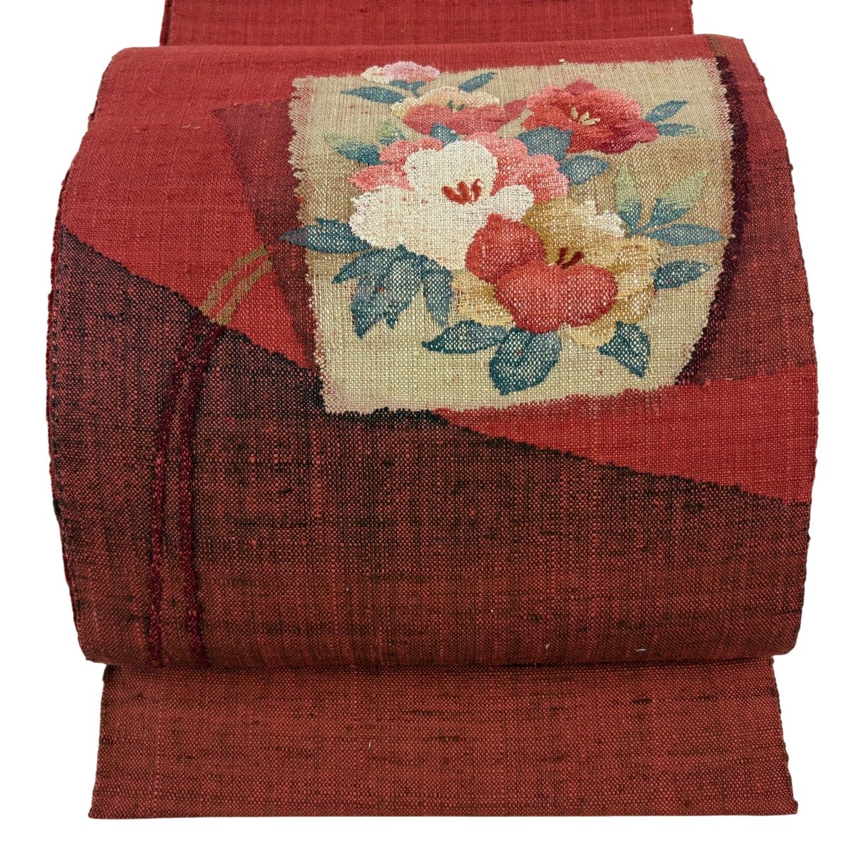 美品】 名古屋帯 優品 八寸名古屋帯 松葉仕立て 紬地 草花 幾何学 茜色