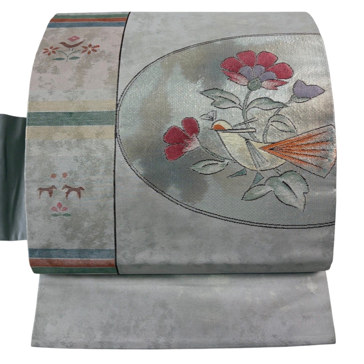 名古屋帯 優品 関西仕立て 鳥 草花 箔 灰色 正絹｜中古・古着