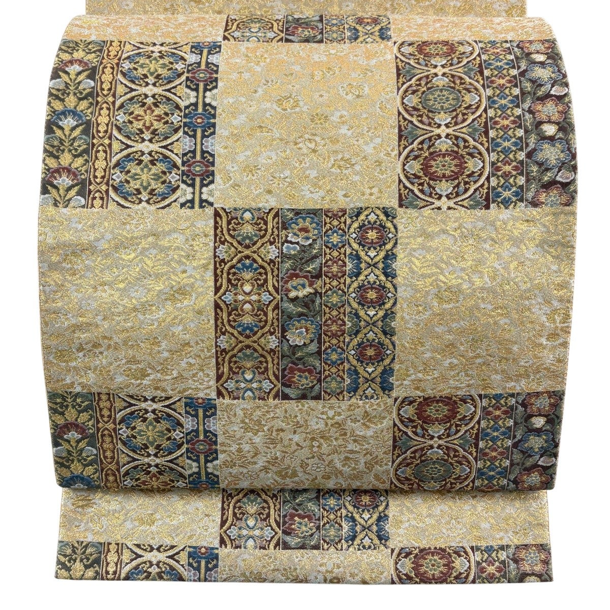 美品】 袋帯 秀品 市松 草花 金糸 箔 金色 お太鼓柄 正絹｜中古・古着