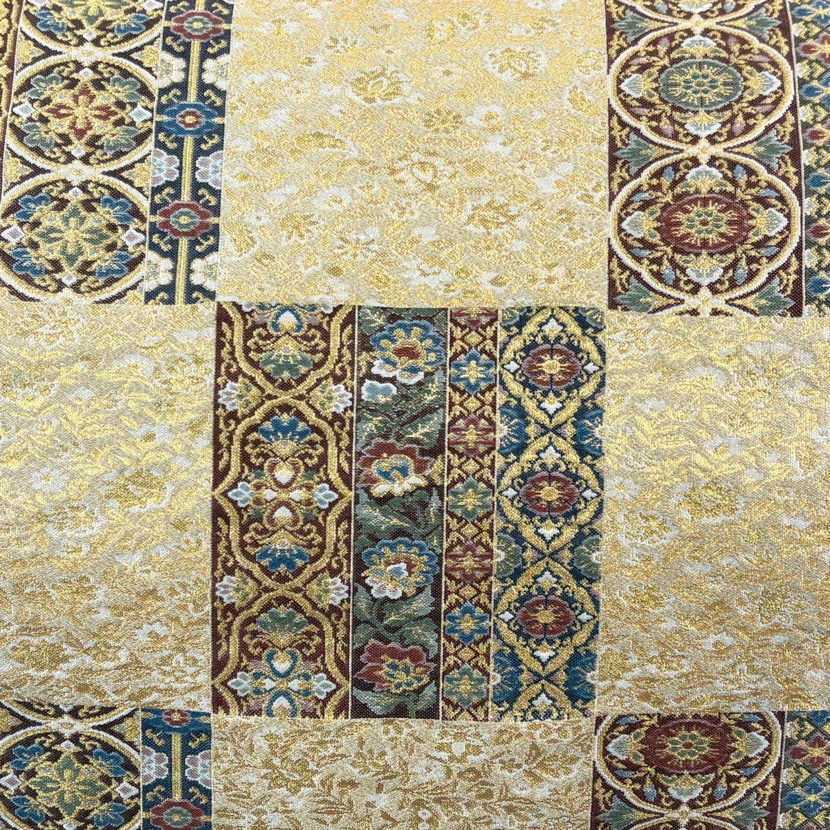 美品】 袋帯 秀品 市松 草花 金糸 箔 金色 お太鼓柄 正絹｜中古・古着