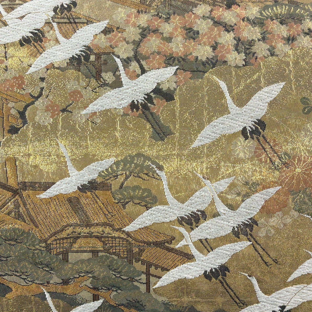 美品】 袋帯 秀品 鈴乃屋 群鶴洛中洛外 箔 唐織 金色 お太鼓柄 正絹