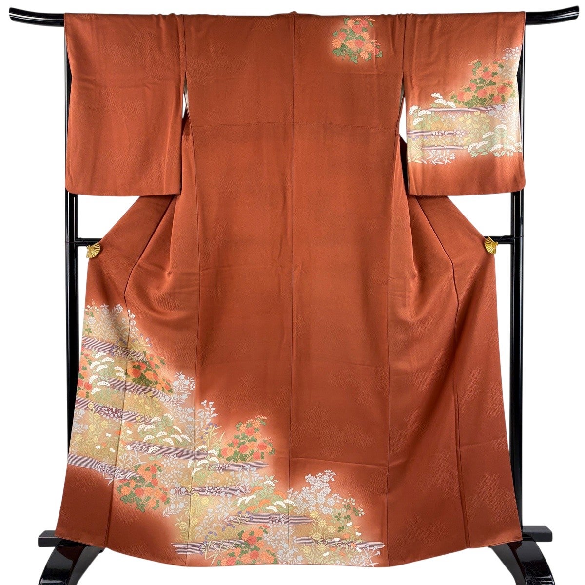 付下げ 身丈163.5cm 裄丈67.5cm L 袷 秋草 金彩 赤茶 正絹 秀品｜中古