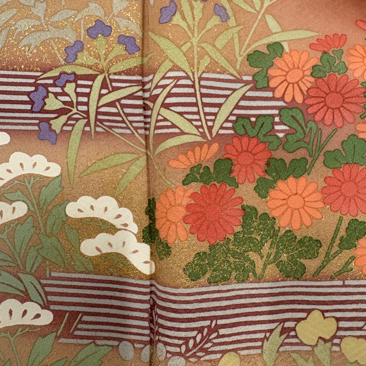 付下げ 身丈163.5cm 裄丈67.5cm L 袷 秋草 金彩 赤茶 正絹 秀品｜中古
