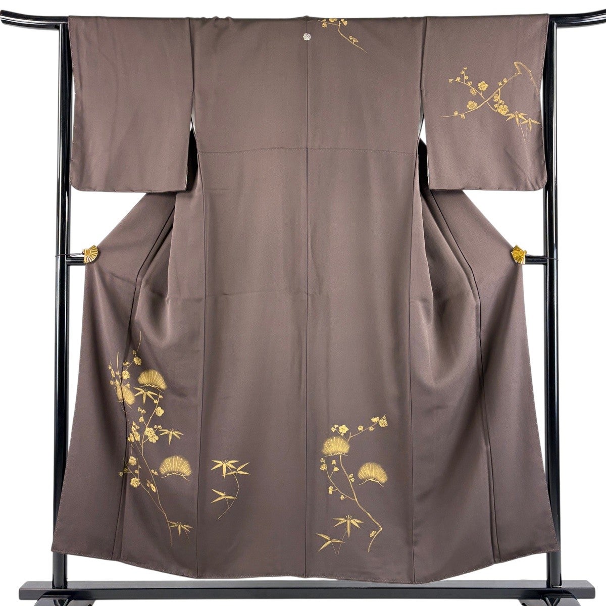 付下げ 身丈154cm 裄丈64cm M 袷 松竹梅 金彩 焦茶色 正絹 秀品 一つ紋