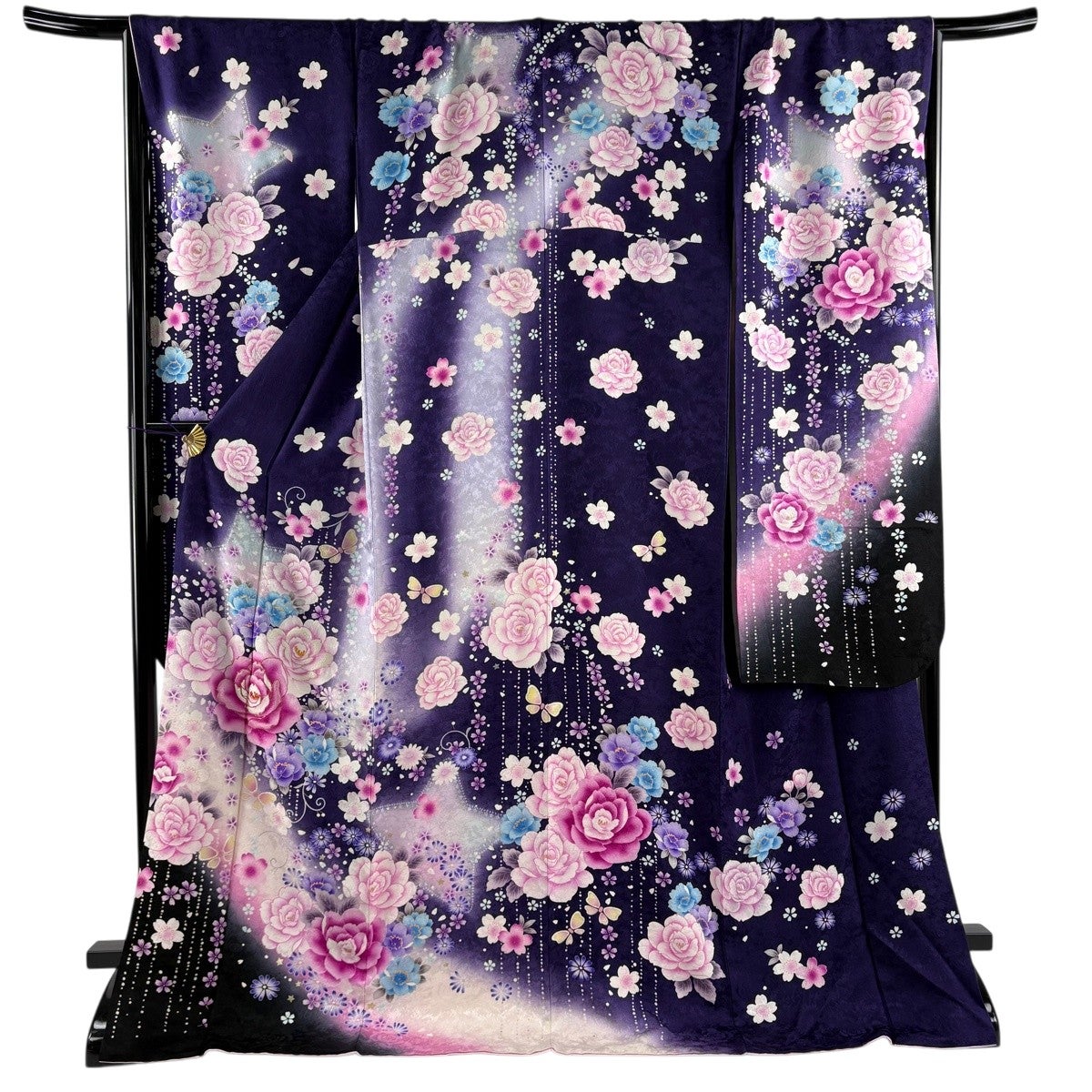振袖 身丈175.5cm 裄丈68.5cm L 袷 薔薇 草花 刺繍 金糸 紫 正絹 逸品