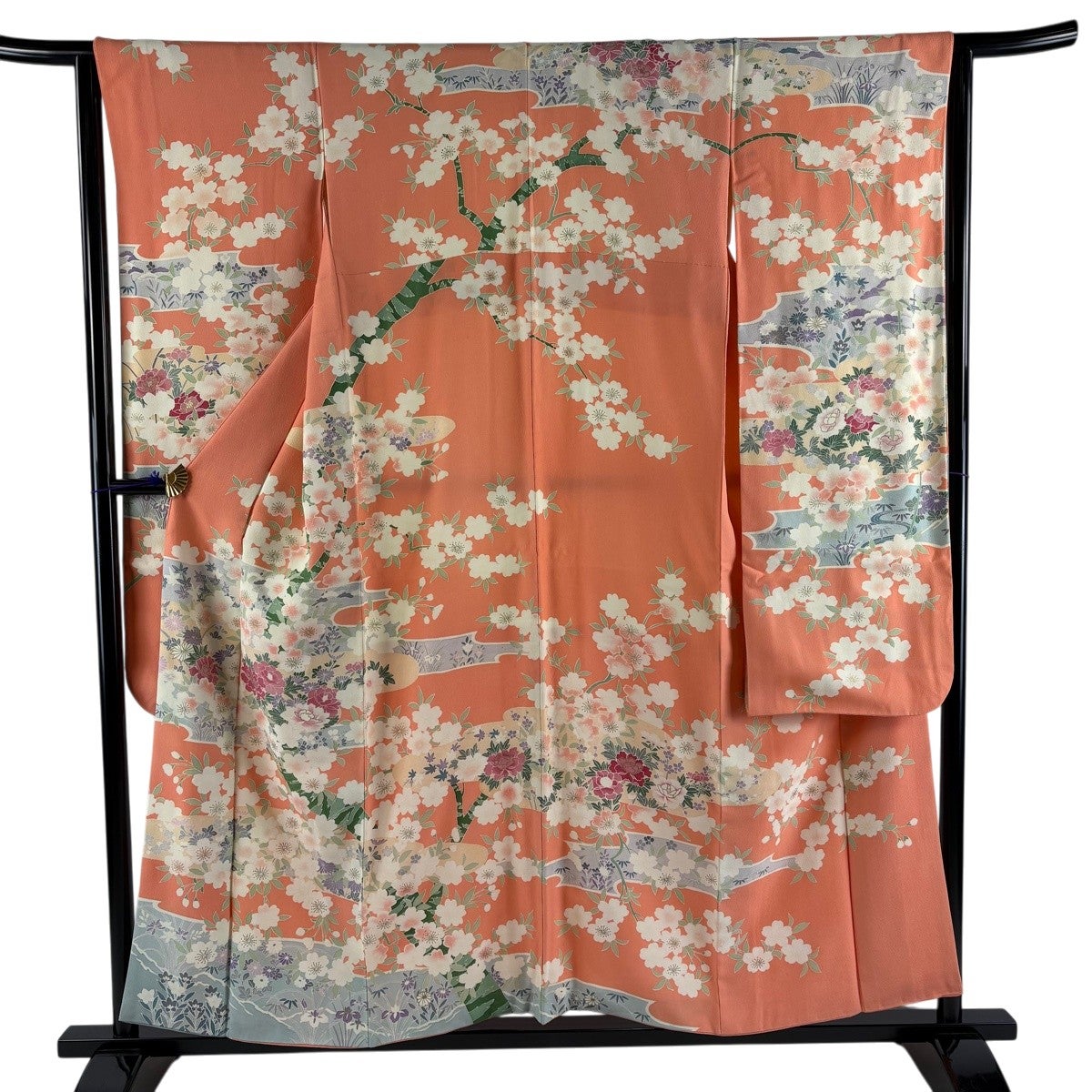振袖 身丈160.5cm 裄丈65cm M 袷 花車 ヱ霞 絞り オレンジ 正絹 秀品