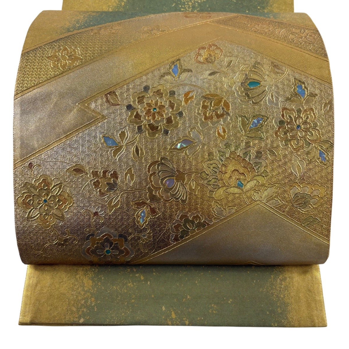 美品】 袋帯 秀品 花唐草 鳳凰 刺繍 金糸 灰色 お太鼓柄 正絹｜中古 