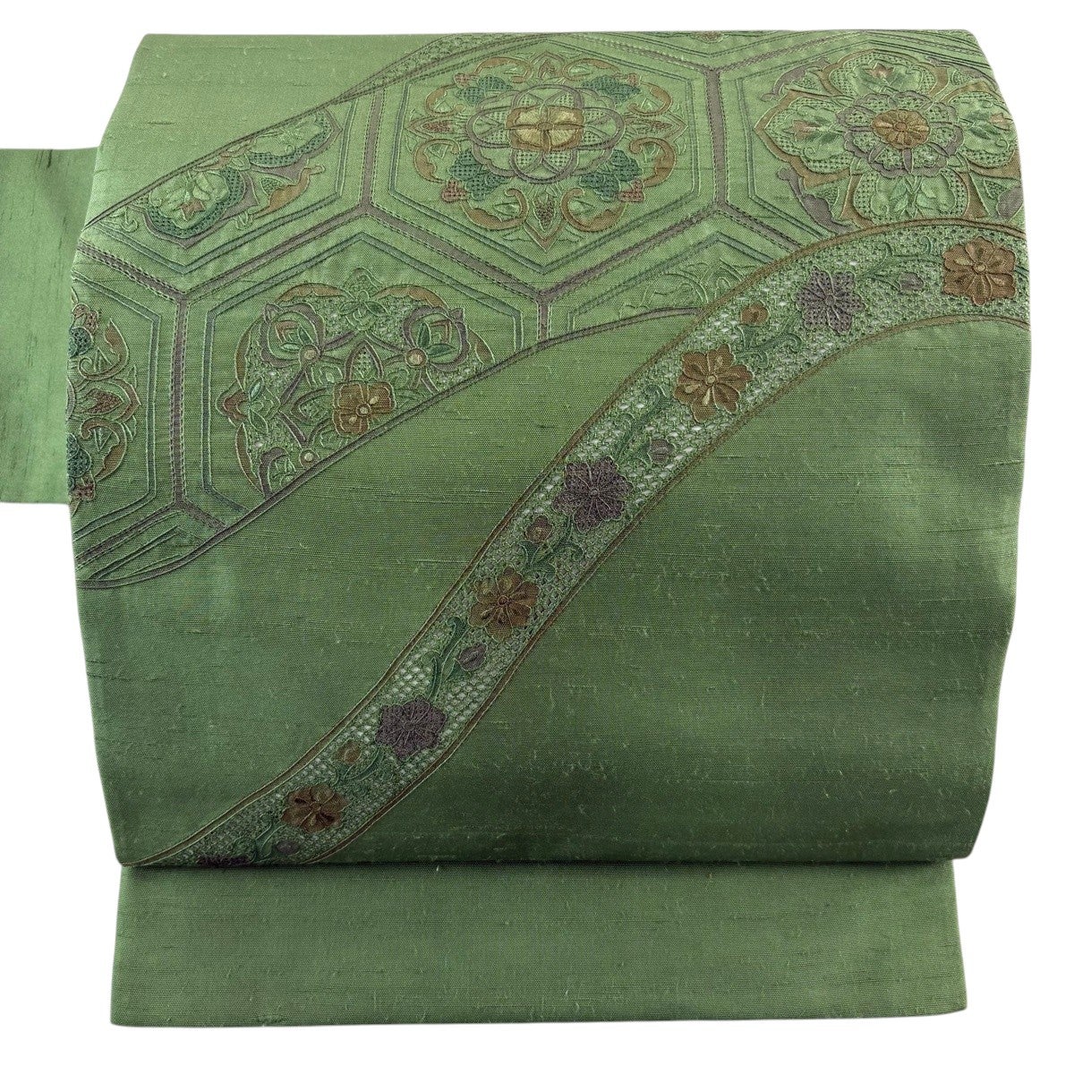 美品　紬　名古屋帯　花唐草　ターコイズ 美品】 名古屋帯 秀品 紬地 華文 花唐草 刺繍 緑 正絹｜中古・古着