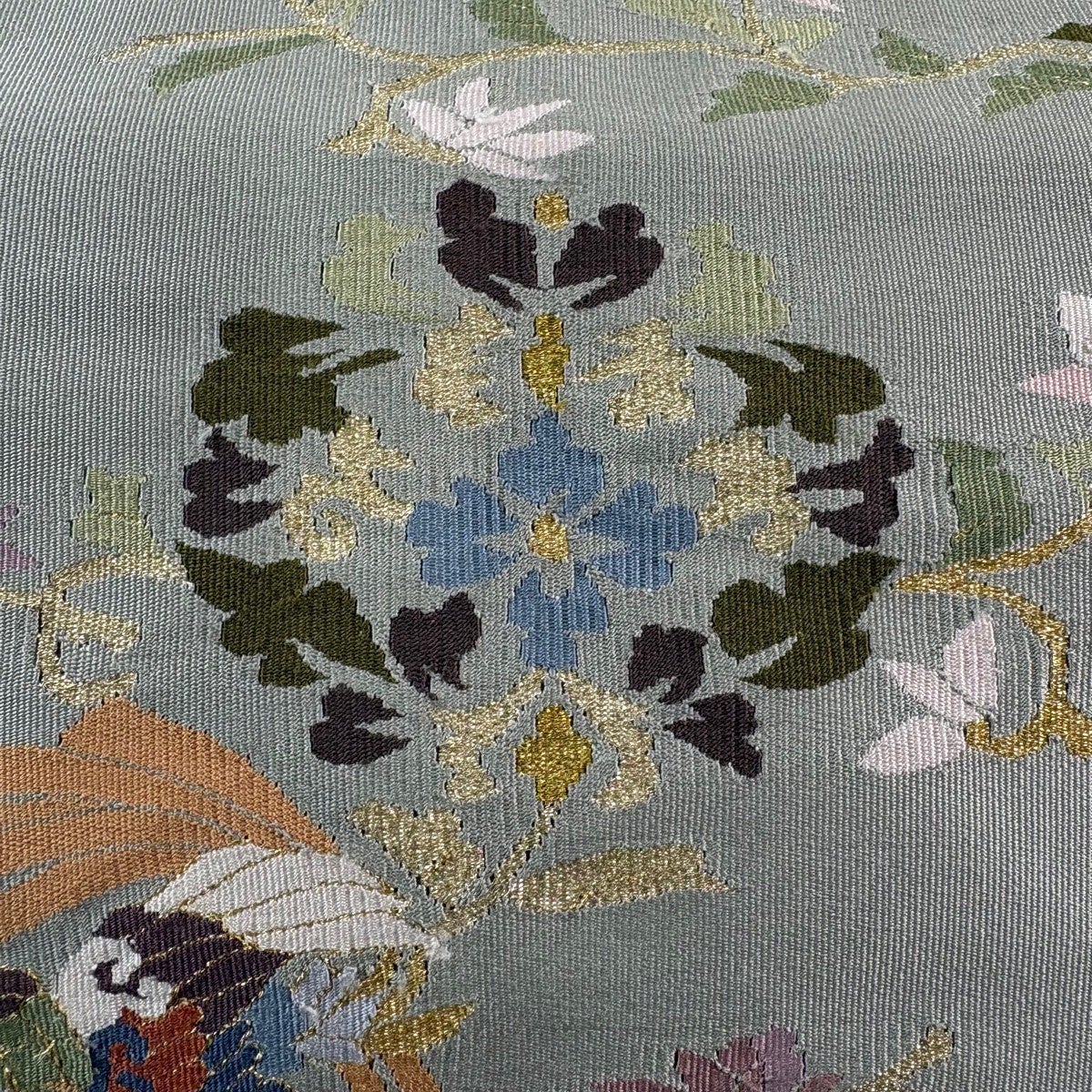 名古屋帯 秀品 草花 鳥 金糸 灰緑 正絹｜中古・古着・リサイクル着物