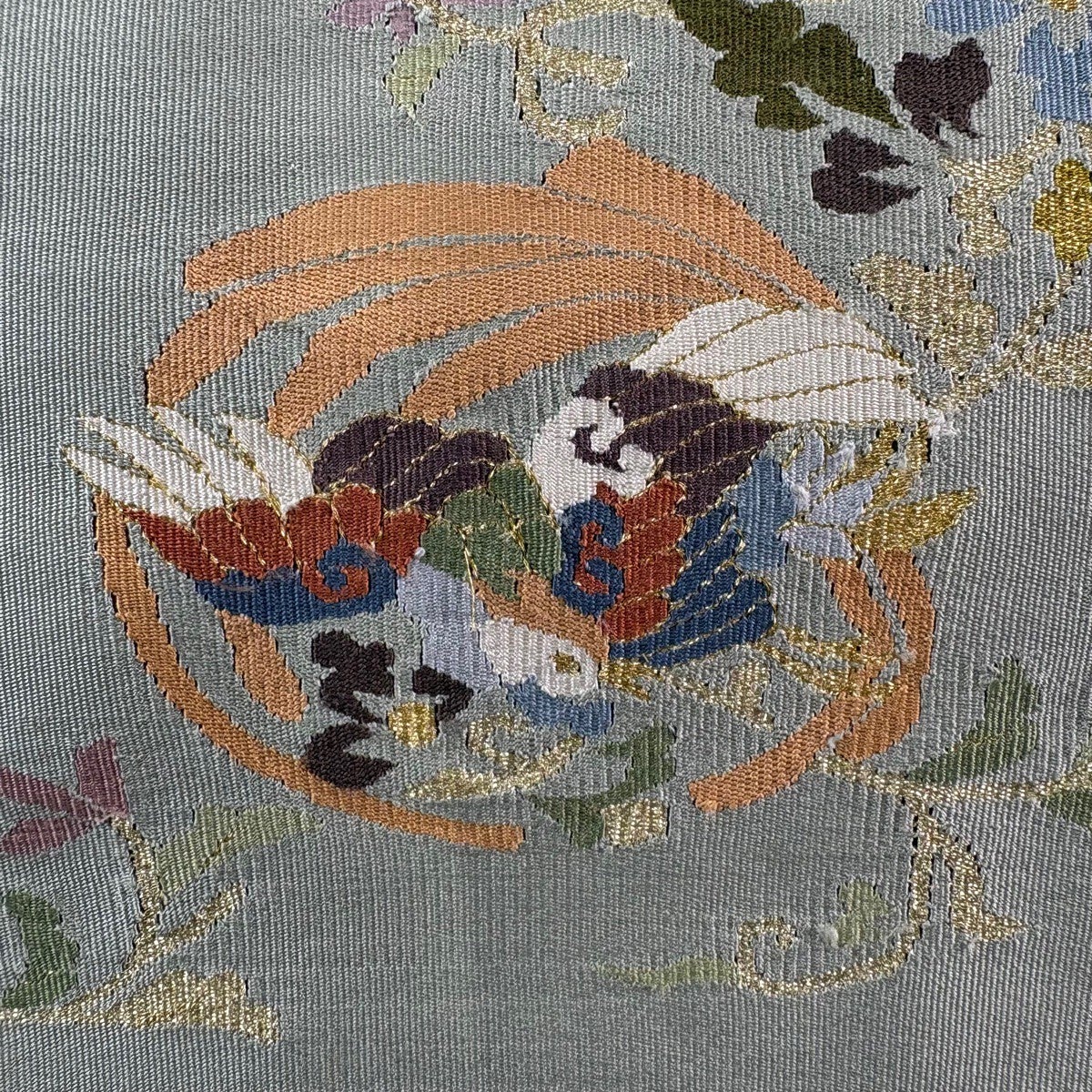 名古屋帯 秀品 草花 鳥 金糸 灰緑 正絹｜中古・古着・リサイクル着物
