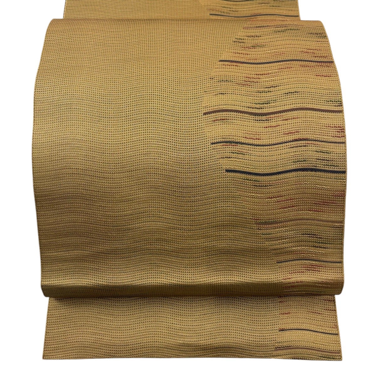 美品】 名古屋帯 秀品 八寸名古屋帯 松葉仕立て よろけ縞 山吹茶色