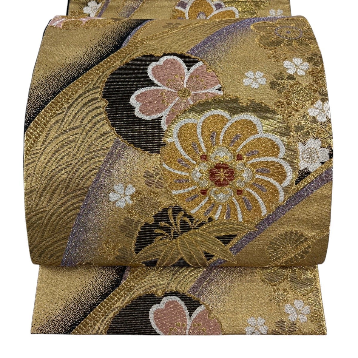 袋帯 本金箔 古九谷花鳥文 華文24M16f 袋帯 逸品 華文 花鳥 金銀糸 刺繍 金色 六通 正絹｜中古・古着
