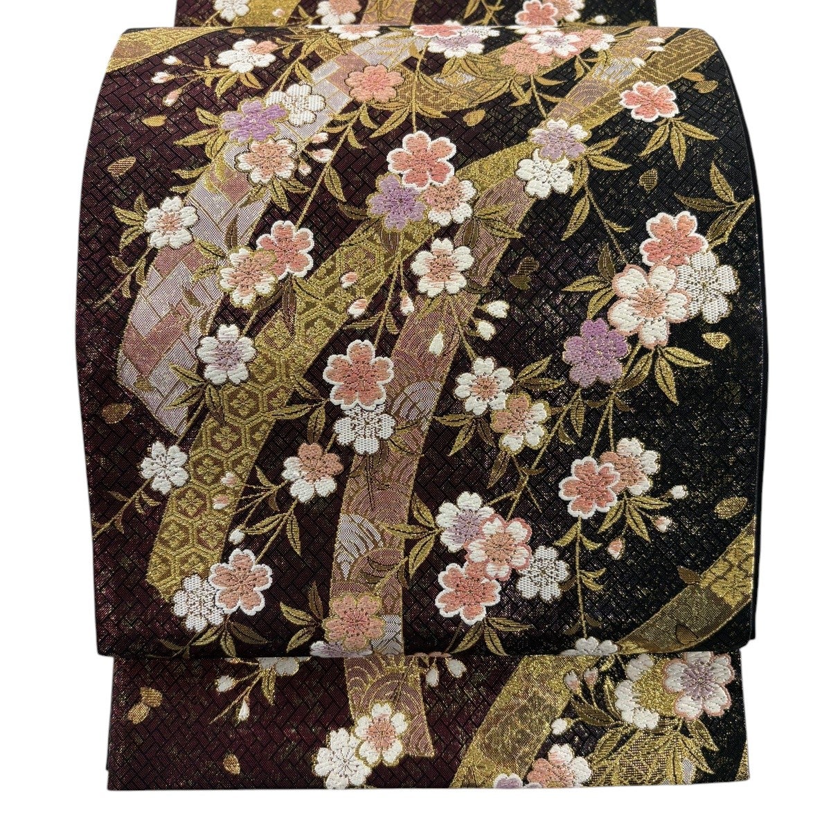 美品】 袋帯 秀品 本金箔蒔絵 色紙 草花 金糸 箔 灰色 六通 正絹｜中古