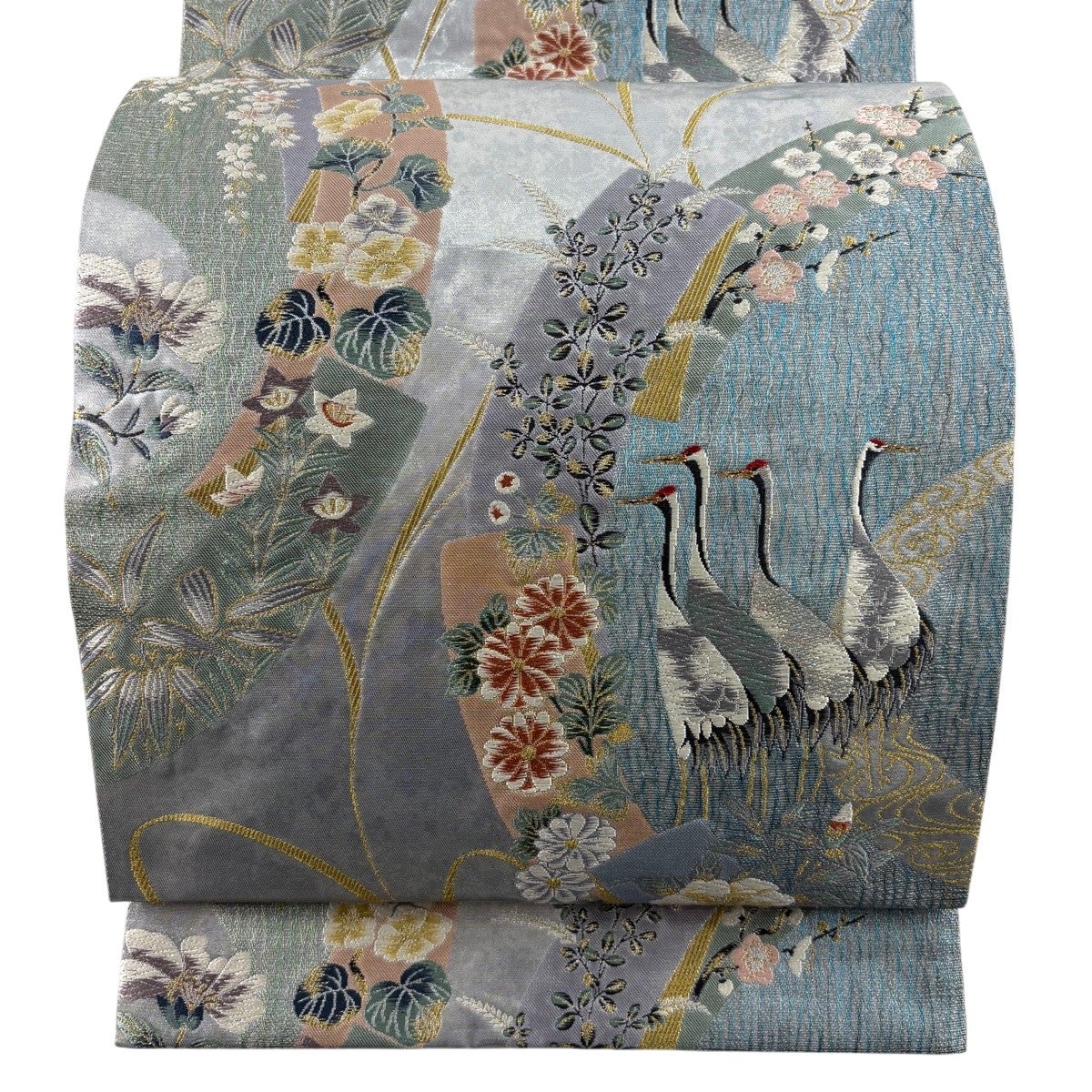 美品】 袋帯 秀品 鶴 草花 金糸 箔 金色 六通 正絹｜中古・古着 