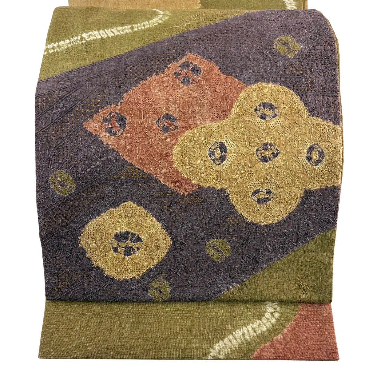 美品】 袋帯 秀品 紬地 草花 刺繍 茶緑色 お太鼓柄 正絹｜中古・古着