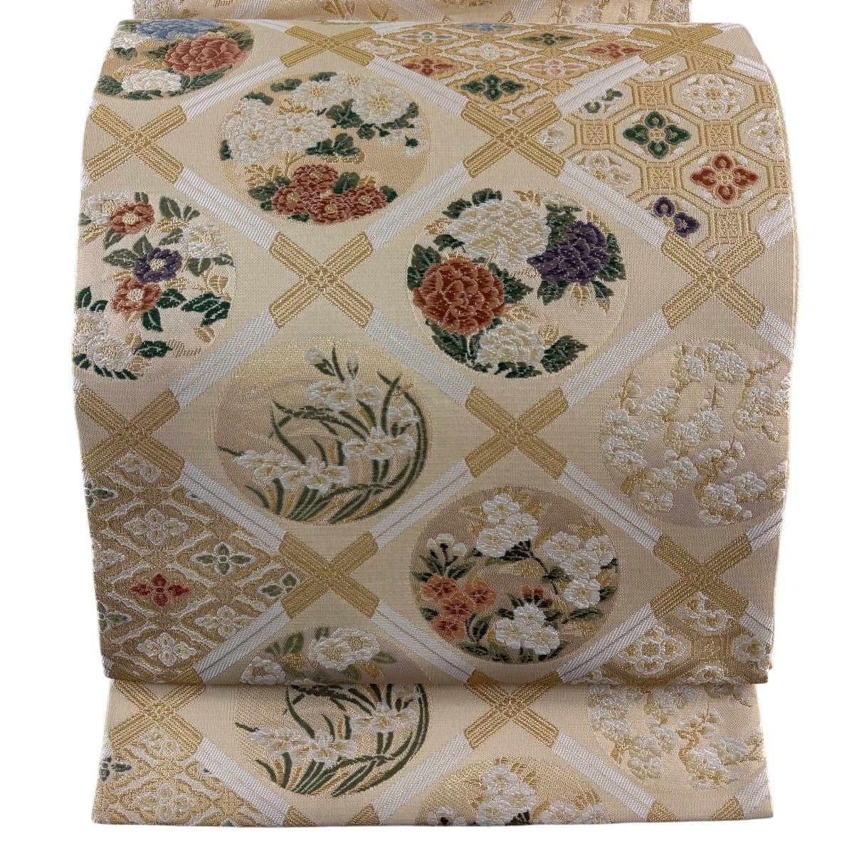 美品】 袋帯 秀品 花唐草 鳳凰 刺繍 金糸 灰色 お太鼓柄 正絹｜中古