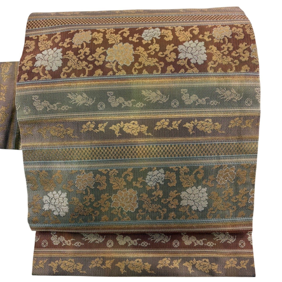 美品】 名古屋帯 逸品 横段 草花 花織 黄土色 正絹｜中古・古着