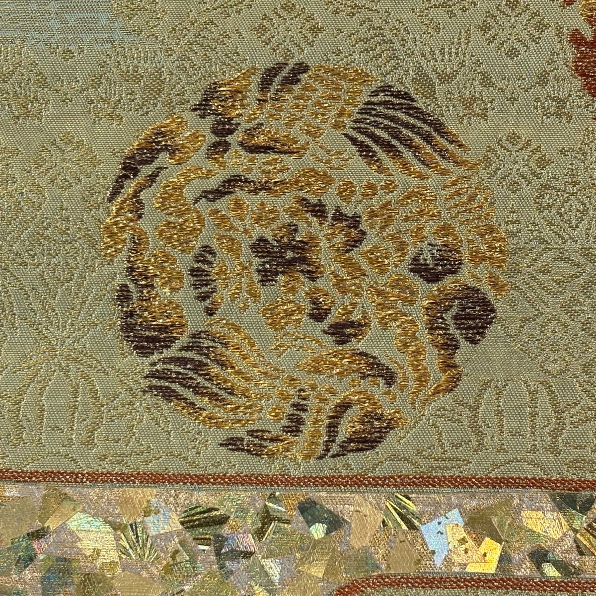 美品】 袋帯 秀品 堀省平 落款あり ヱ霞 鳳凰 箔 金糸 よもぎ色 お太鼓