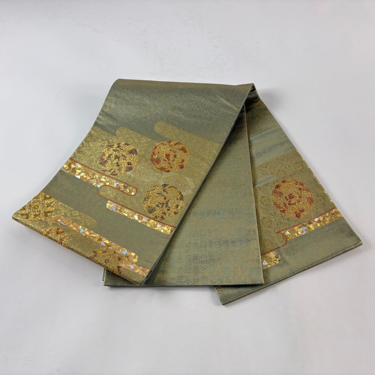 美品】 袋帯 秀品 堀省平 落款あり ヱ霞 鳳凰 箔 金糸 よもぎ色 お太鼓