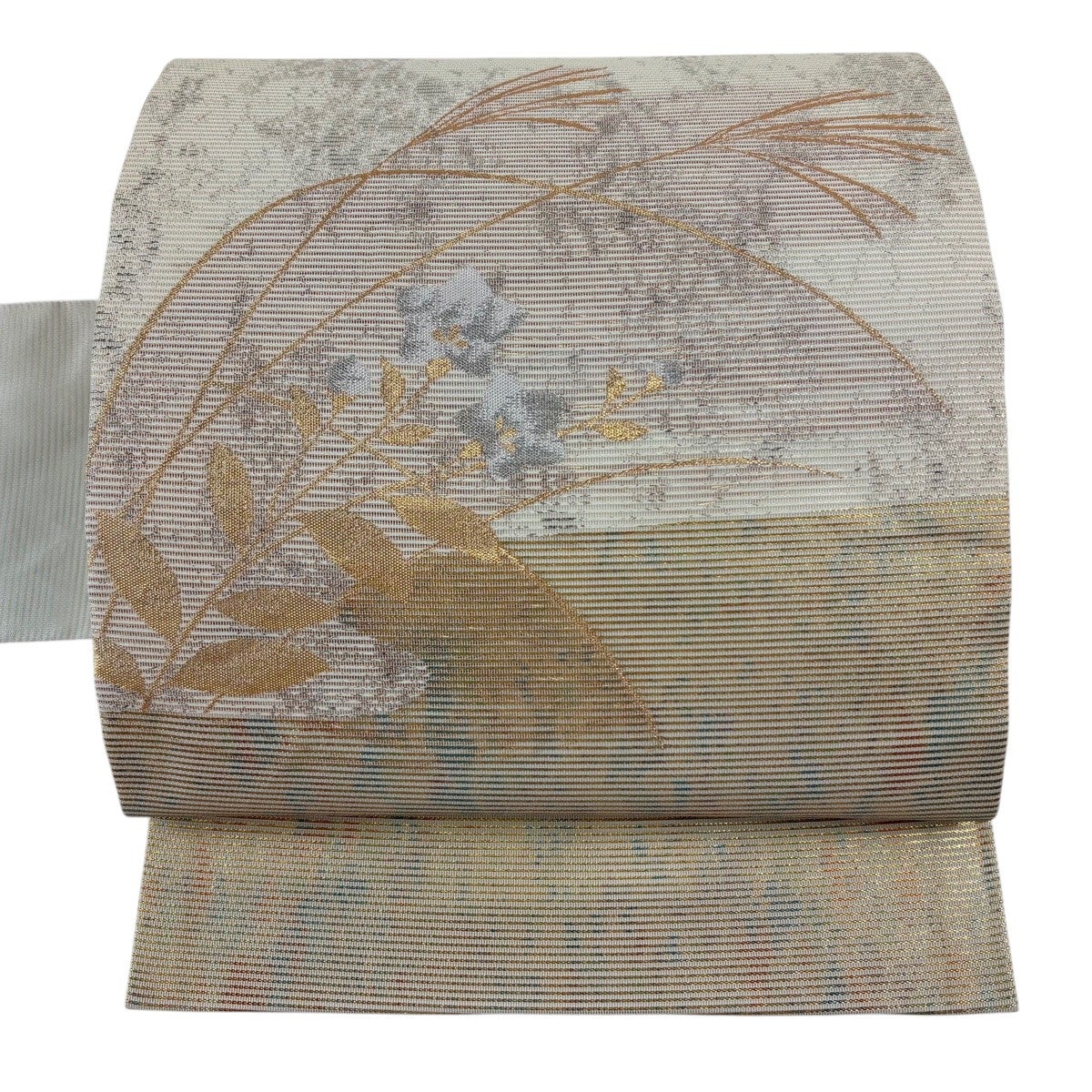 名古屋帯 秀品 夏帯 絽 秋草 霞 金銀糸 箔 ベージュ 正絹｜中古・古着