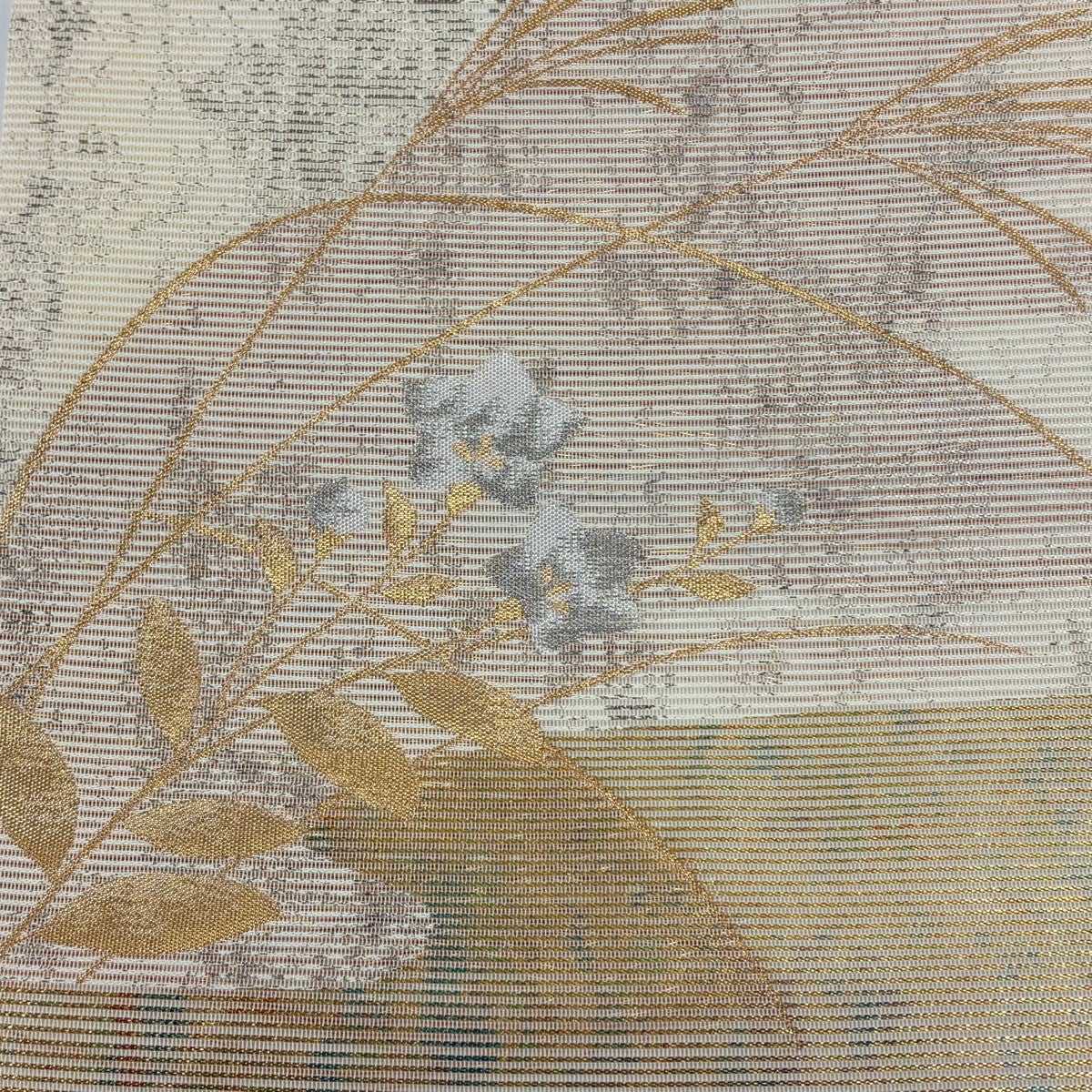 名古屋帯 秀品 夏帯 絽 秋草 霞 金銀糸 箔 ベージュ 正絹｜中古・古着