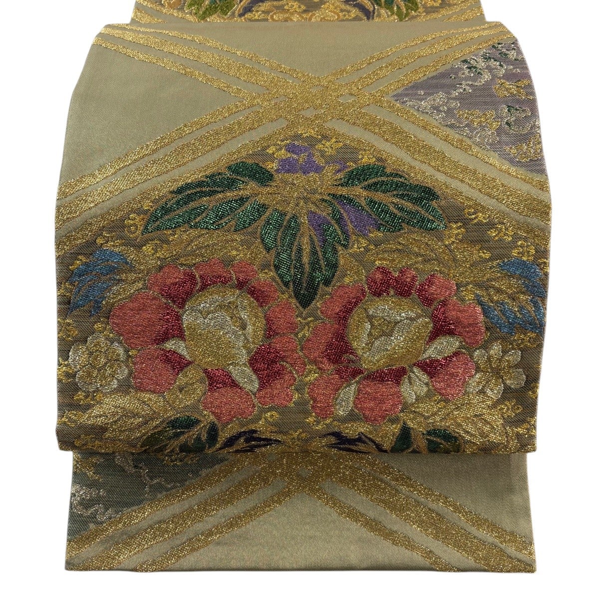 【夏帯】逸品を締める　上品なクリームベージュ　河合美術織物の夏袋帯 美品】 袋帯 逸品 河合美術織物 落款あり 花菱 斜め格子 金糸 箔