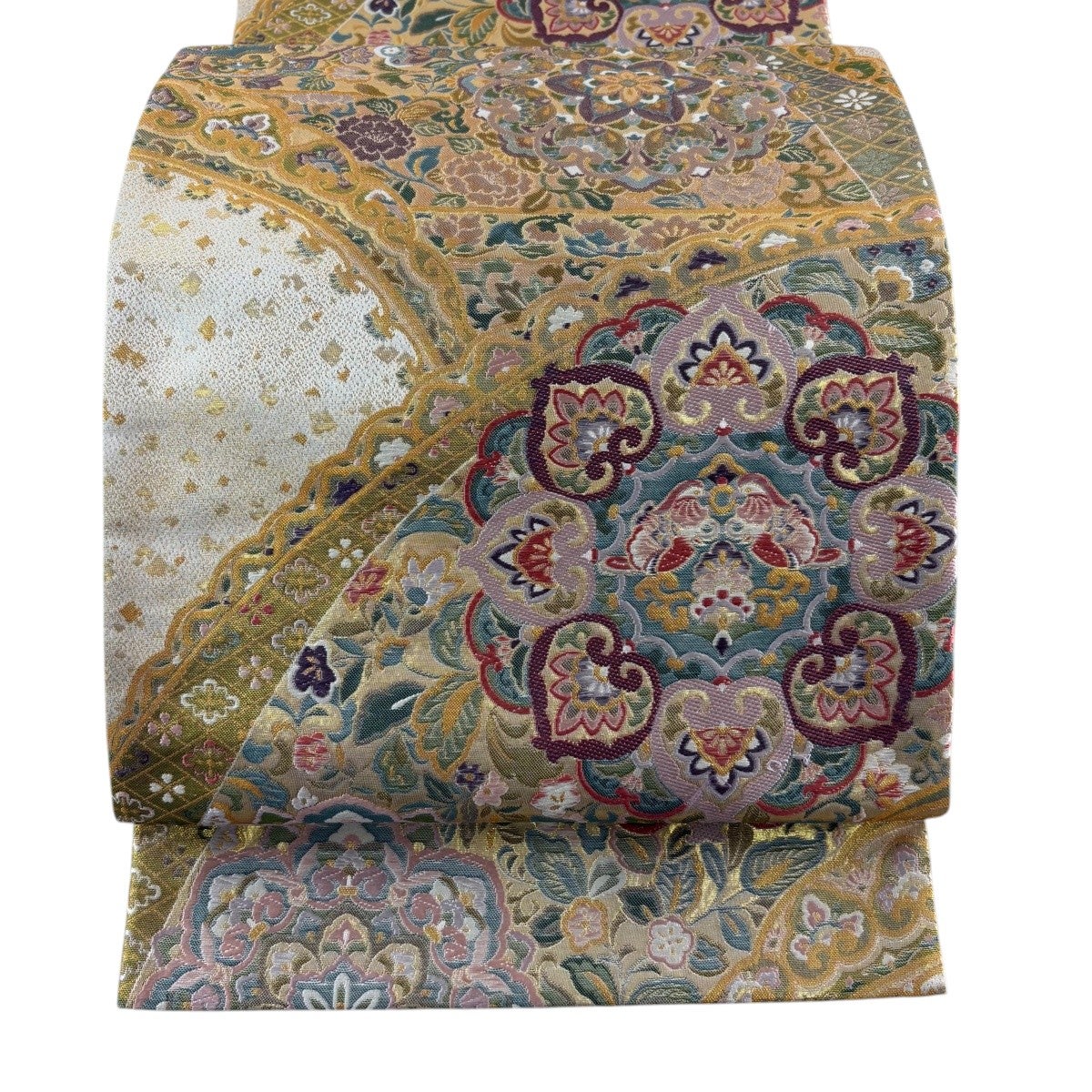 美品】 袋帯 秀品 華文 花鳥 箔 金銀糸 ベージュ 六通 正絹｜中古
