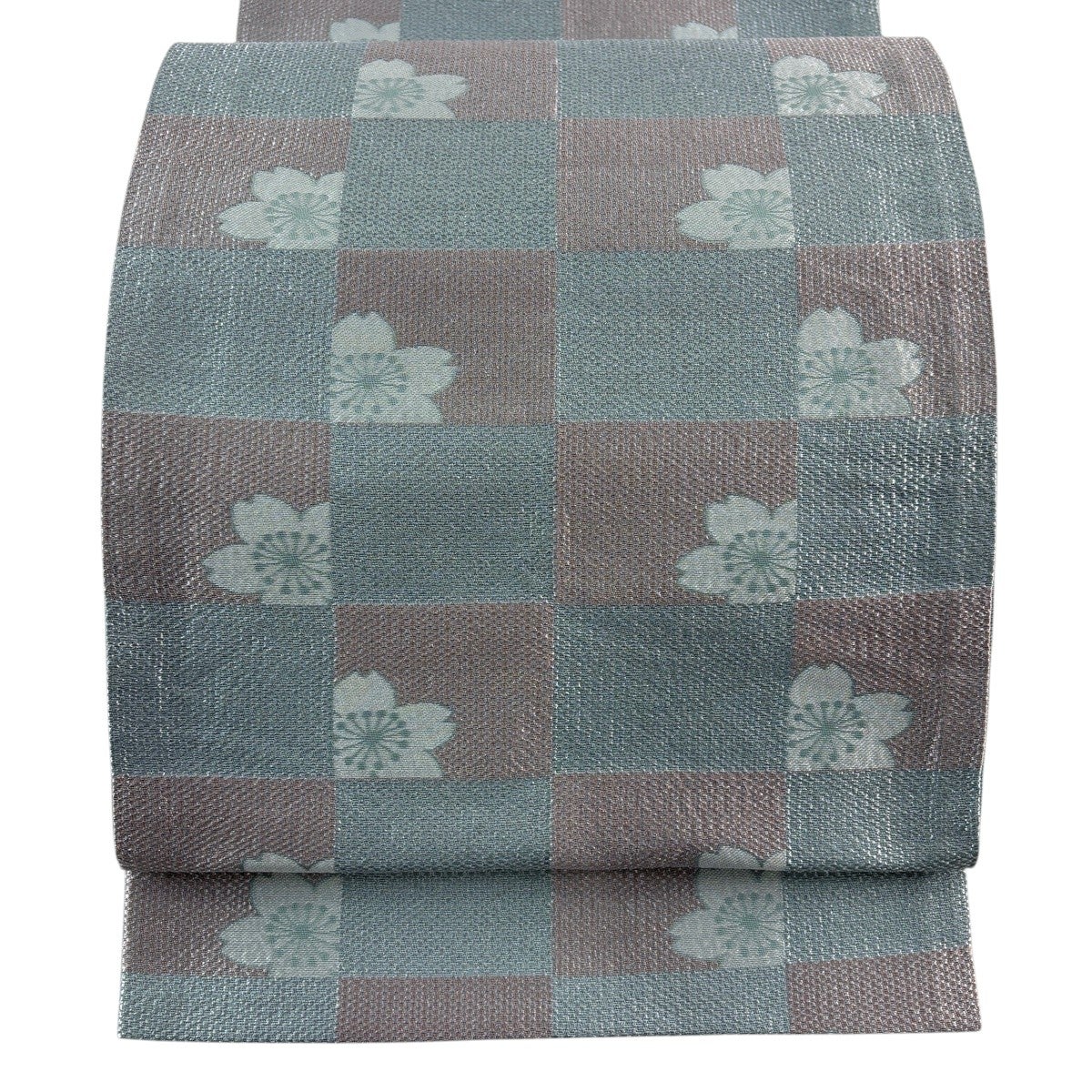 美品】 袋名古屋帯 秀品 桜 市松 銀糸 水色 正絹｜中古・古着