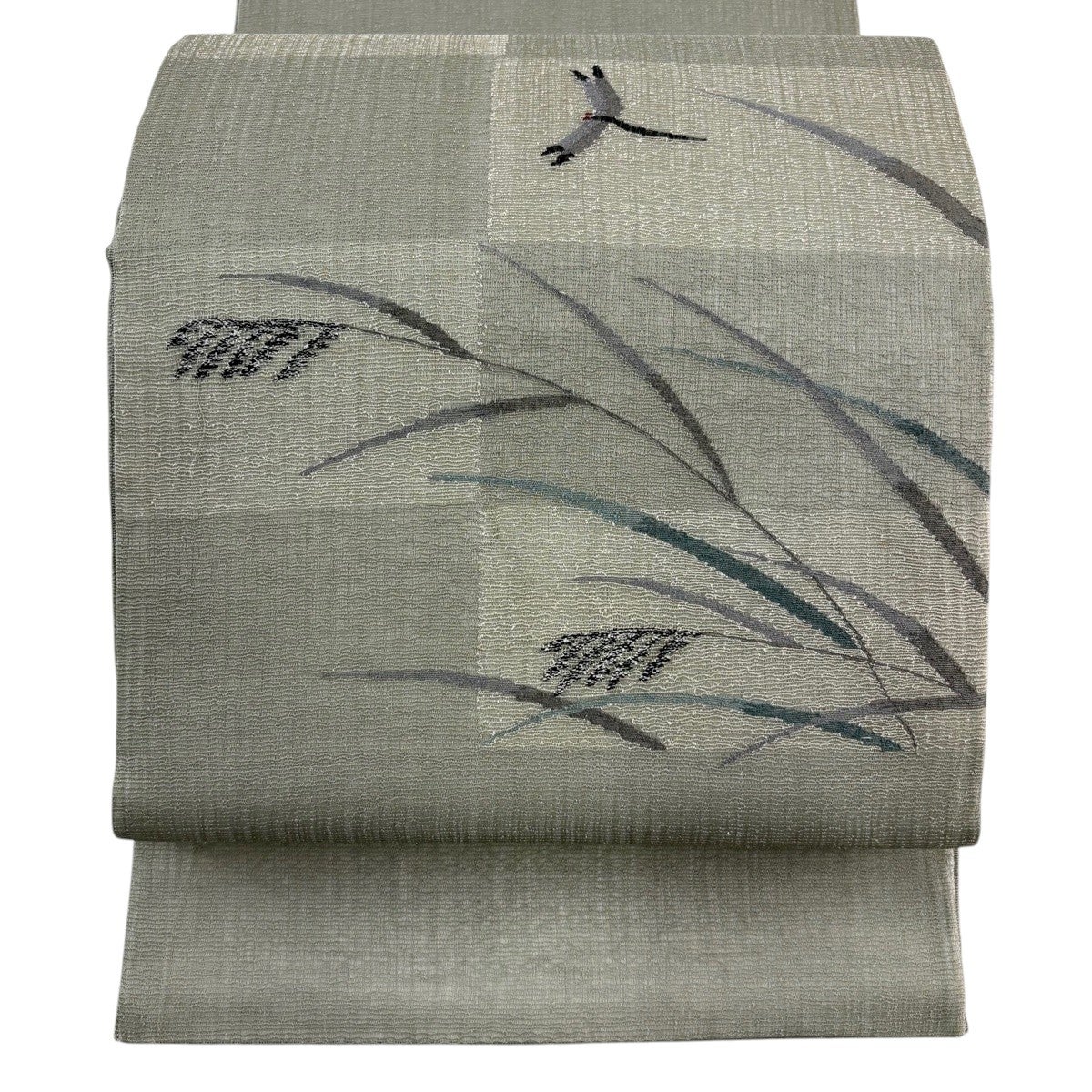 【美品】夏用　袋帯　グレー 美品】 袋帯 秀品 夏帯 薄 とんぼ 灰緑 お太鼓柄 正絹｜中古・古着