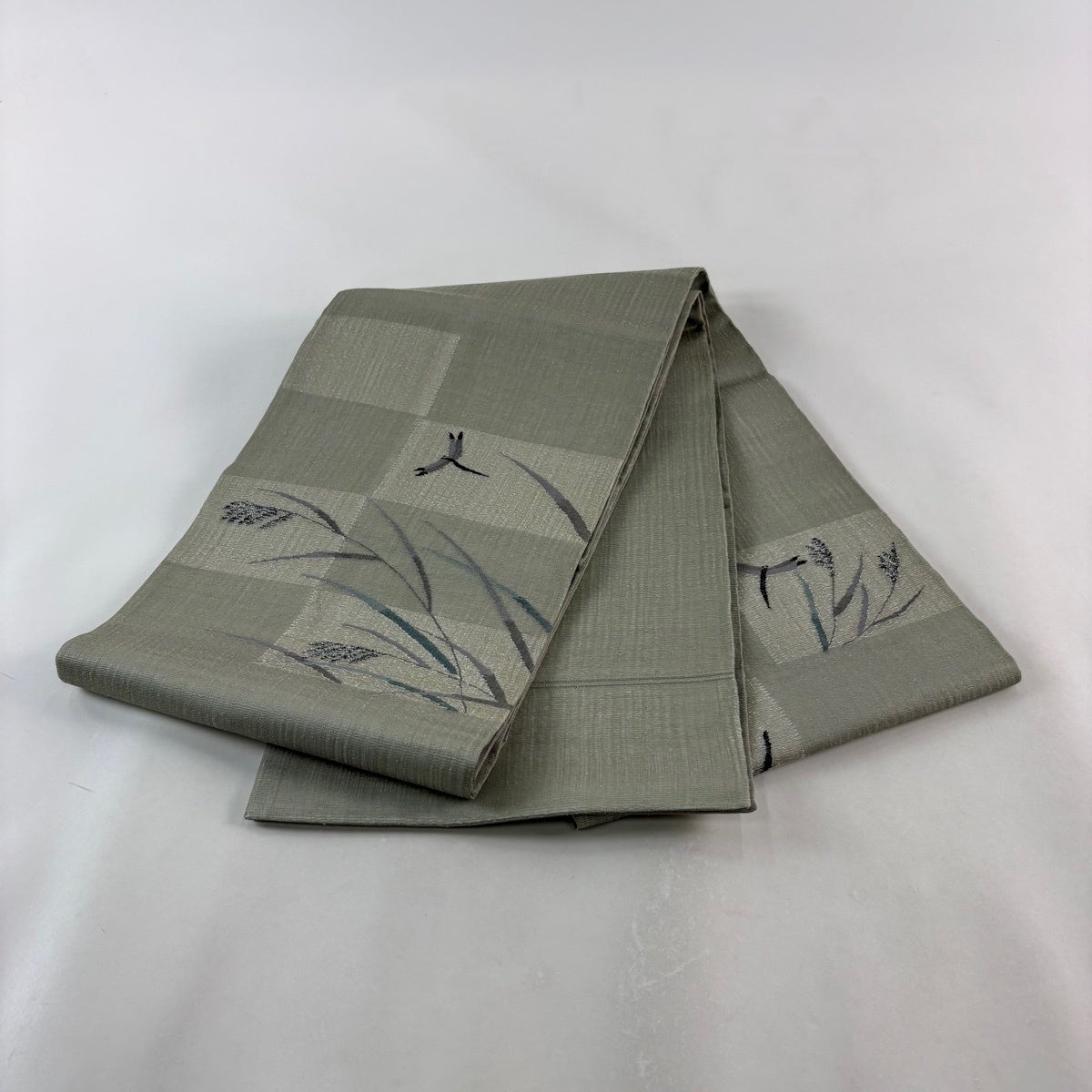 美品】 袋帯 秀品 夏帯 薄 とんぼ 灰緑 お太鼓柄 正絹｜中古・古着