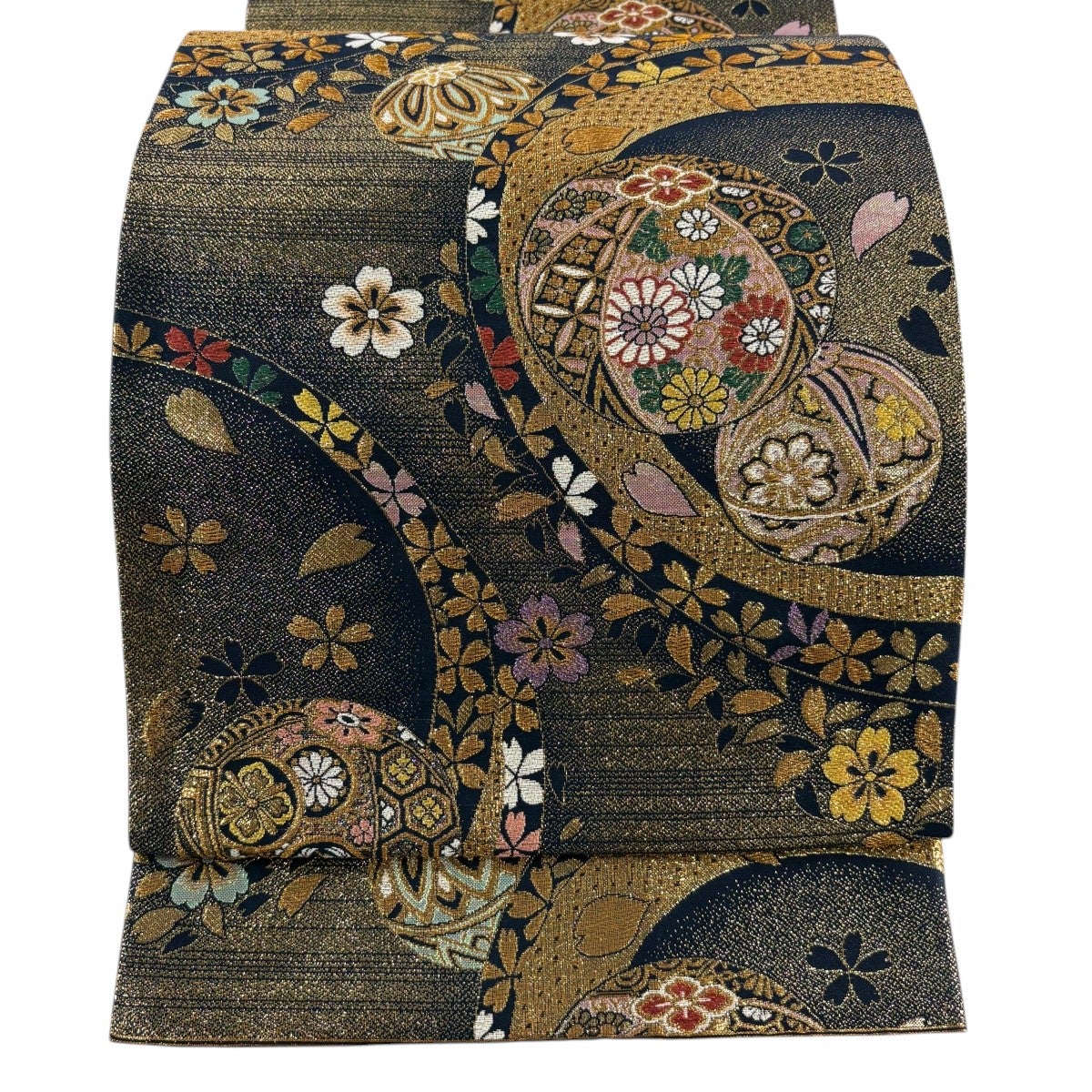 美品】 袋帯 名品 瑞鳳鏡華文 鳳凰 草花 金糸 箔 金色 六通 正絹｜中古