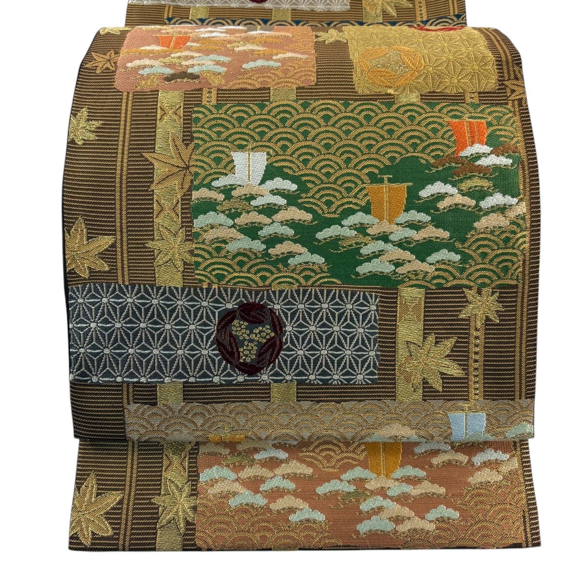 美品】 袋帯 秀品 鈴乃屋 華文 菱文 金糸 箔 灰色 六通 正絹｜中古