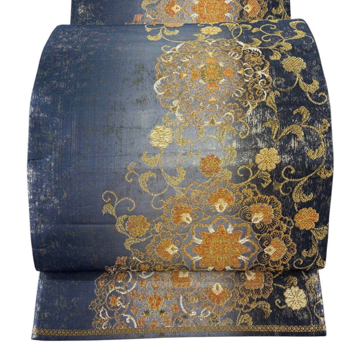 袋帯 秀品 華文 花唐草 金糸 箔 紺色 六通 正絹｜中古・古着