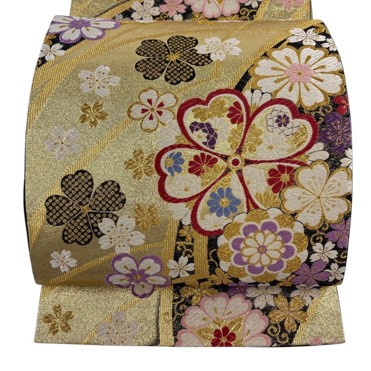 袋帯 秀品 振袖向き 桜 草花 唐織 箔 金色 六通 正絹｜中古・古着