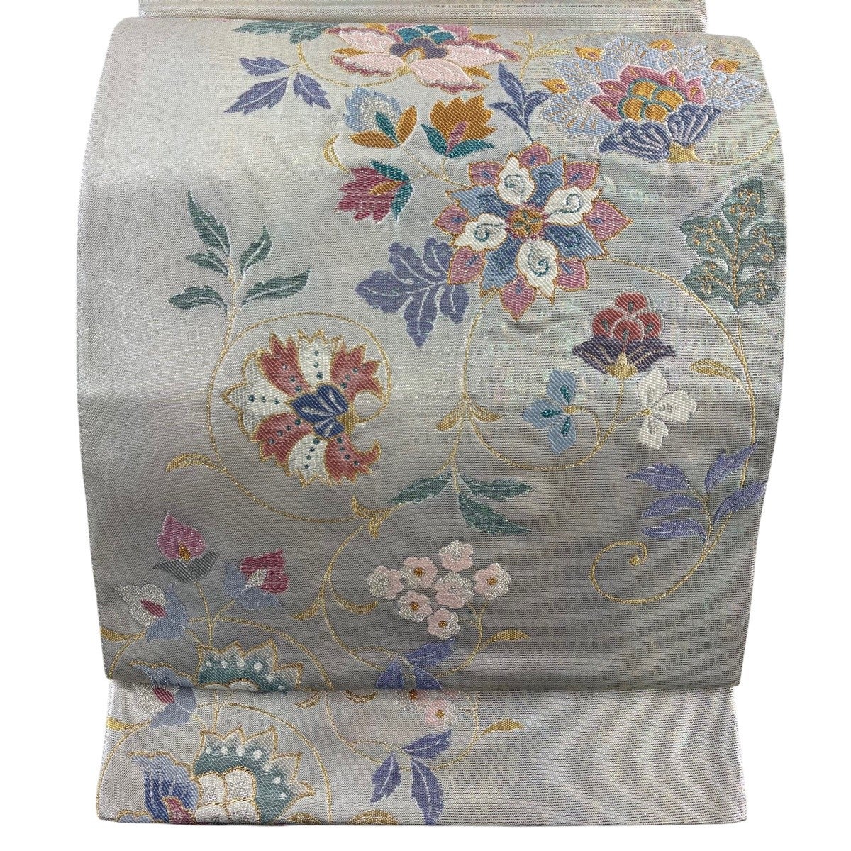 美品】 袋帯 秀品 草花 光悦垣 金銀糸 箔 ベージュ 六通 正絹｜中古 
