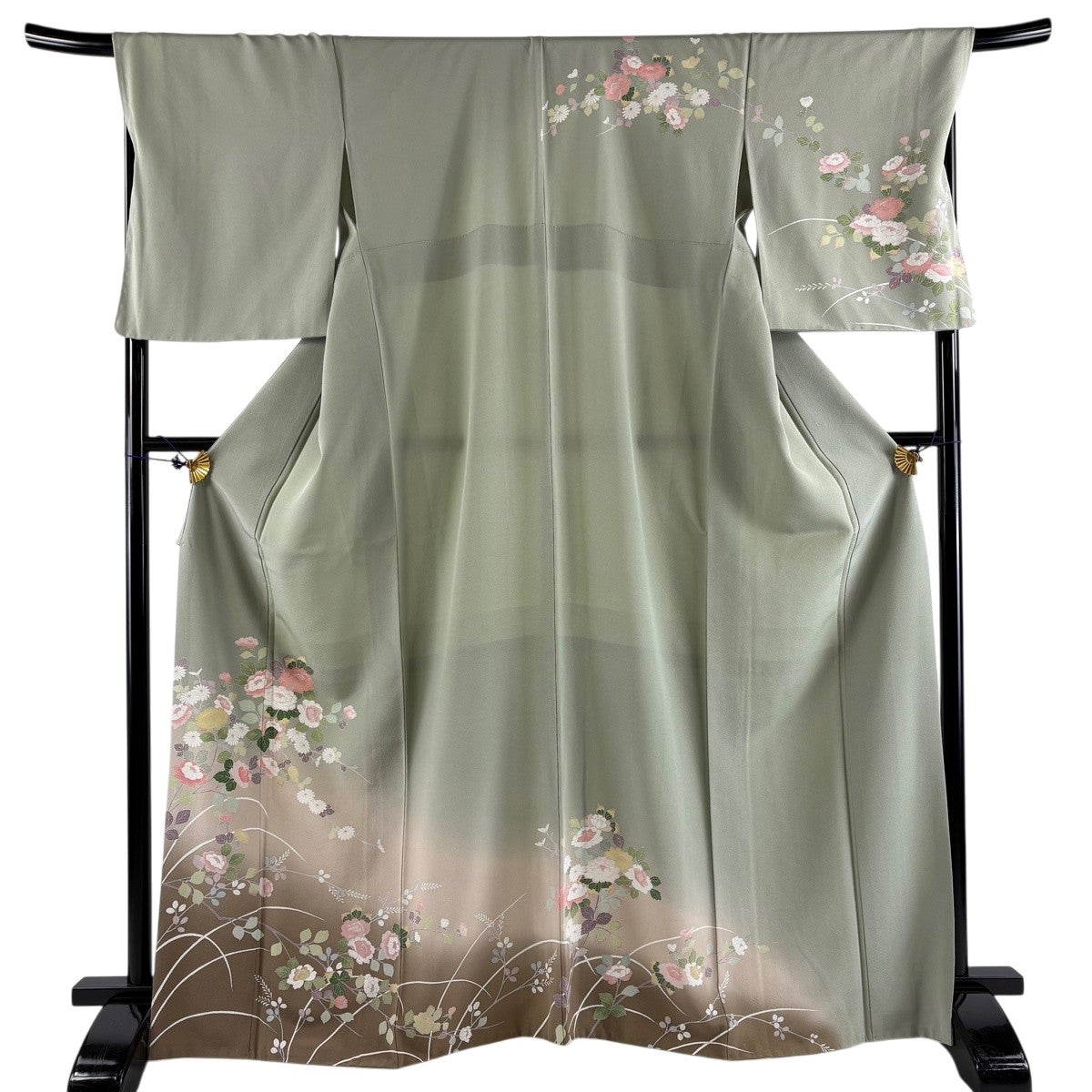 訪問着 身丈161cm 裄丈63cm S 袷 菊 鴛鴦 染め分け ぼかし 灰白 正絹