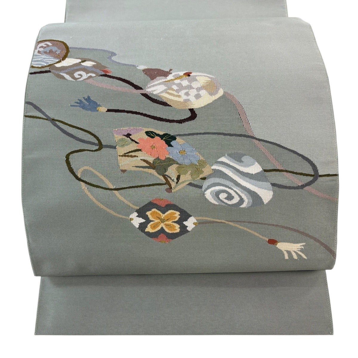 美品】 名古屋帯 秀品 松葉仕立て 八寸名古屋帯 扇面 草花 金糸 灰緑