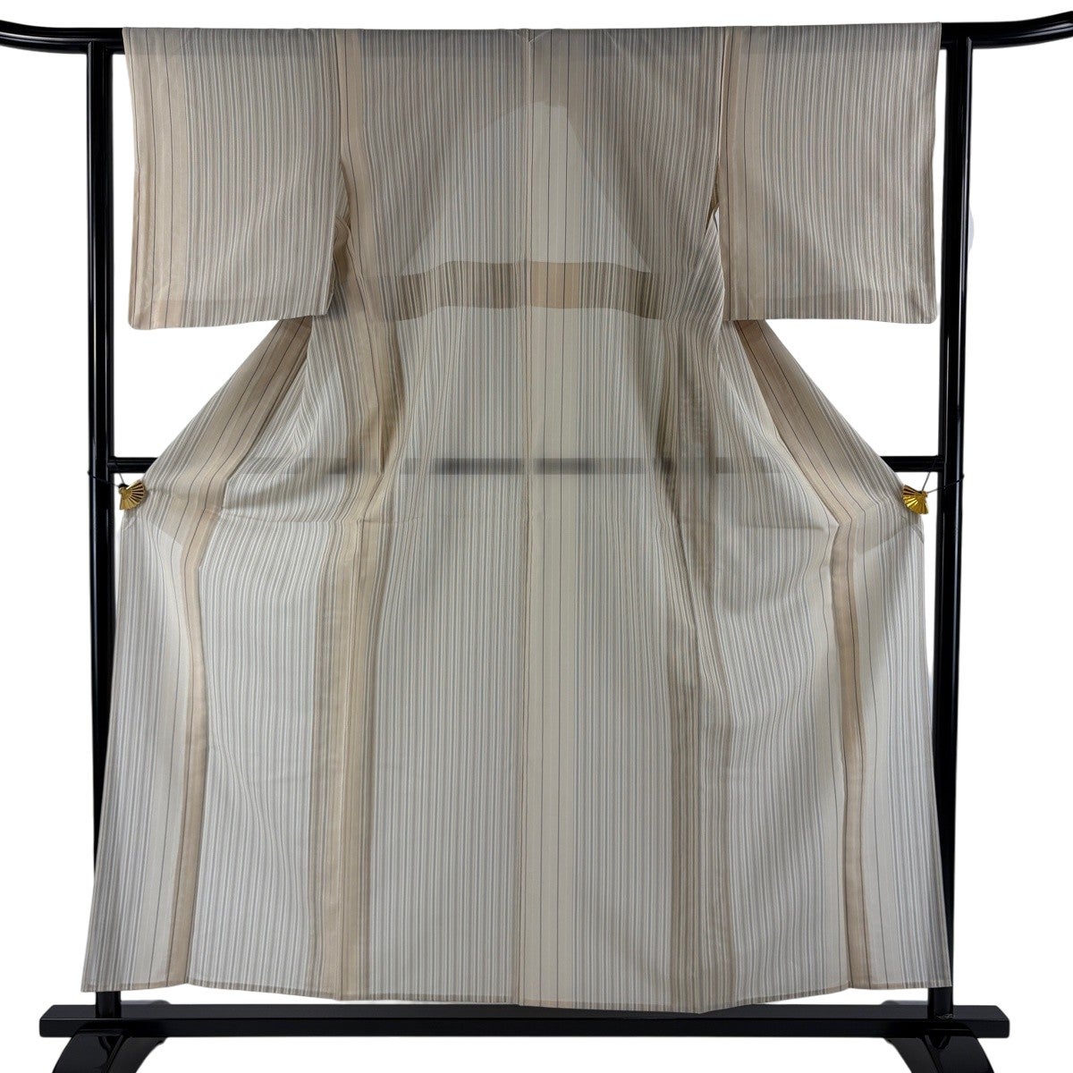 未着用　チェック　絣　縦縞　袋帯　着物　115a p 美品】 紬 身丈155.5cm 裄丈61.5cm S 薄物 夏紬 縦縞 ベージュ 正絹 秀