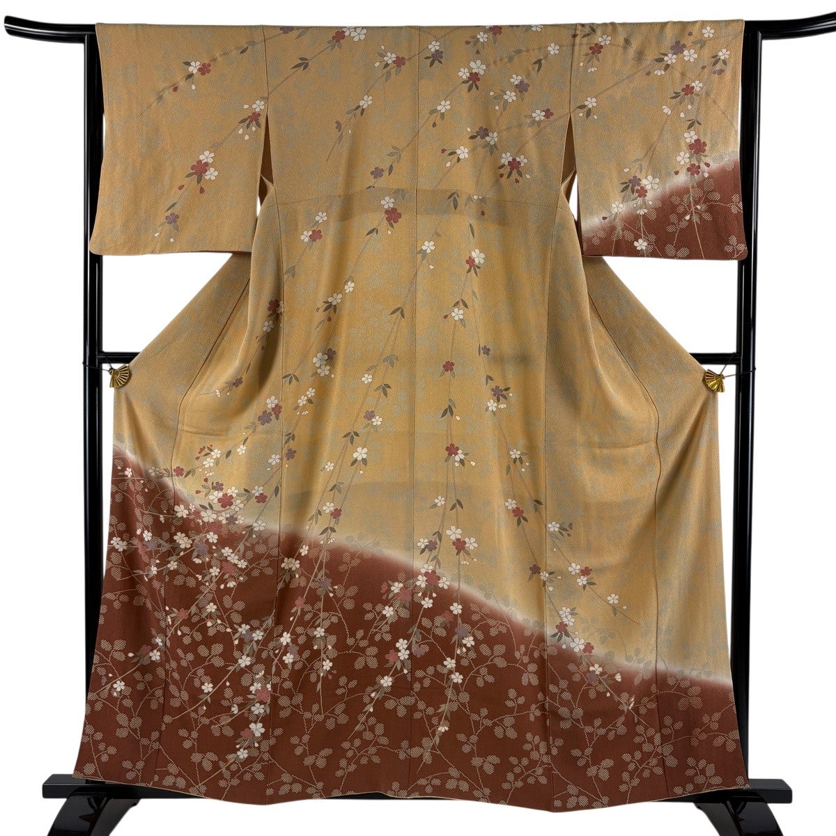 美品】 訪問着 身丈159cm 裄丈64cm M 袷 枝垂れ桜 金彩 染め分け 薄茶