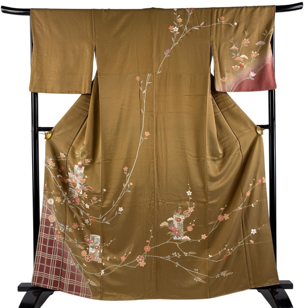 訪問着 身丈156cm 裄丈66.5cm M 袷 建物 松竹梅 ぼかし 灰緑 正絹 秀品