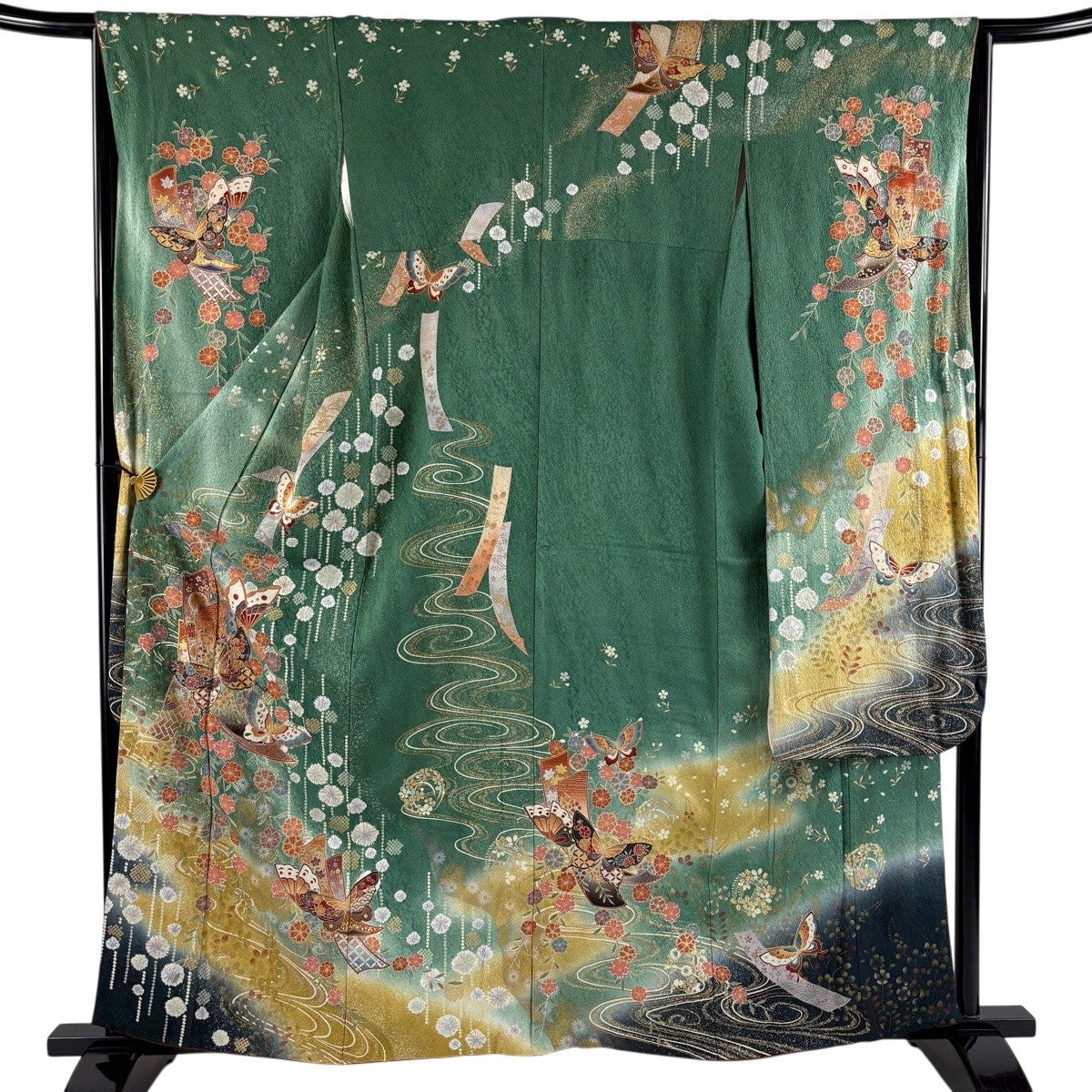 振袖 身丈160cm 裄丈65cm M 袷 蝶 短冊 金銀彩 ぼかし 緑 正絹 秀品